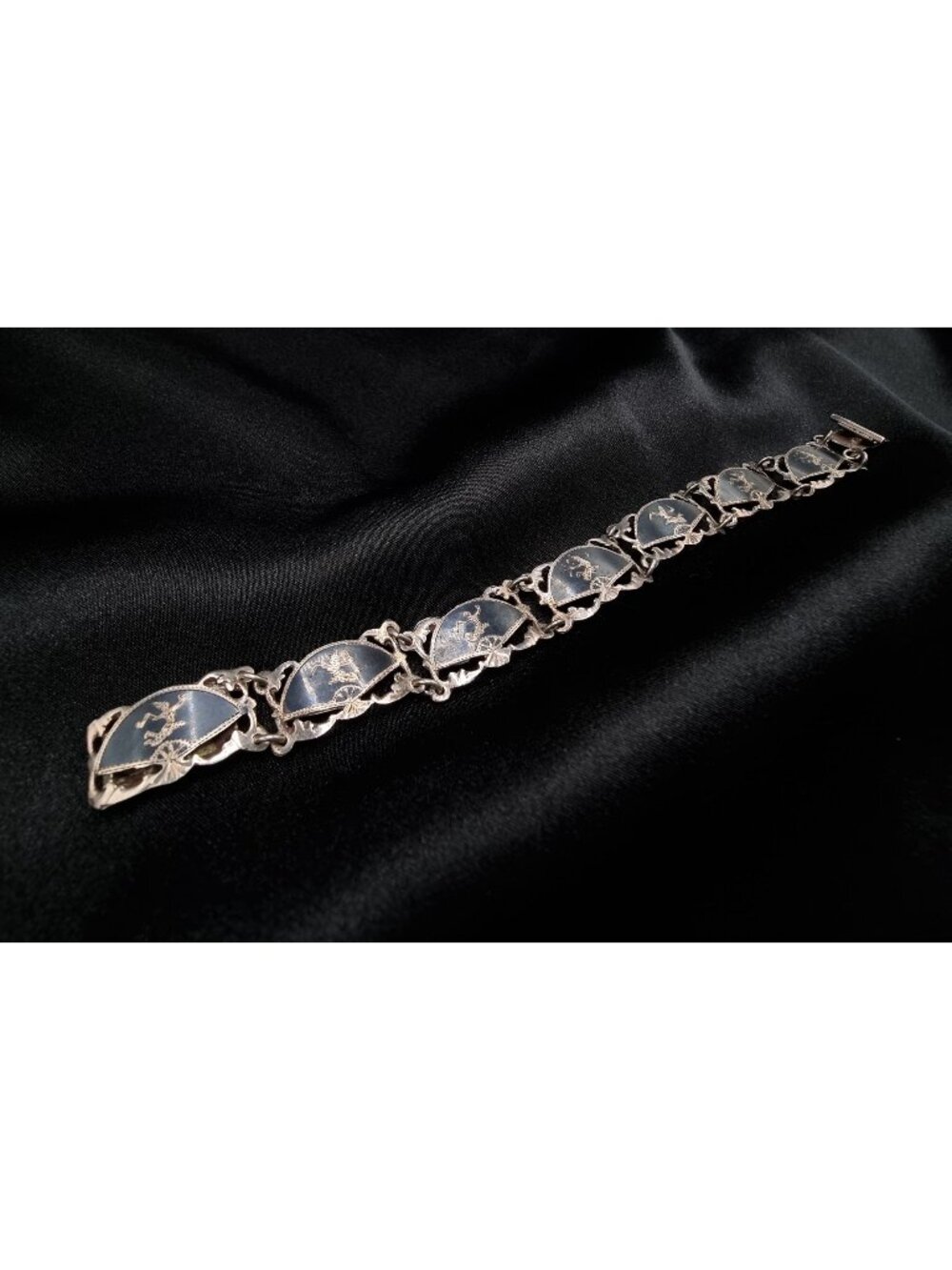 Vintage Siam Signed Sterling Silver Bracelet With Black Enamel Panels